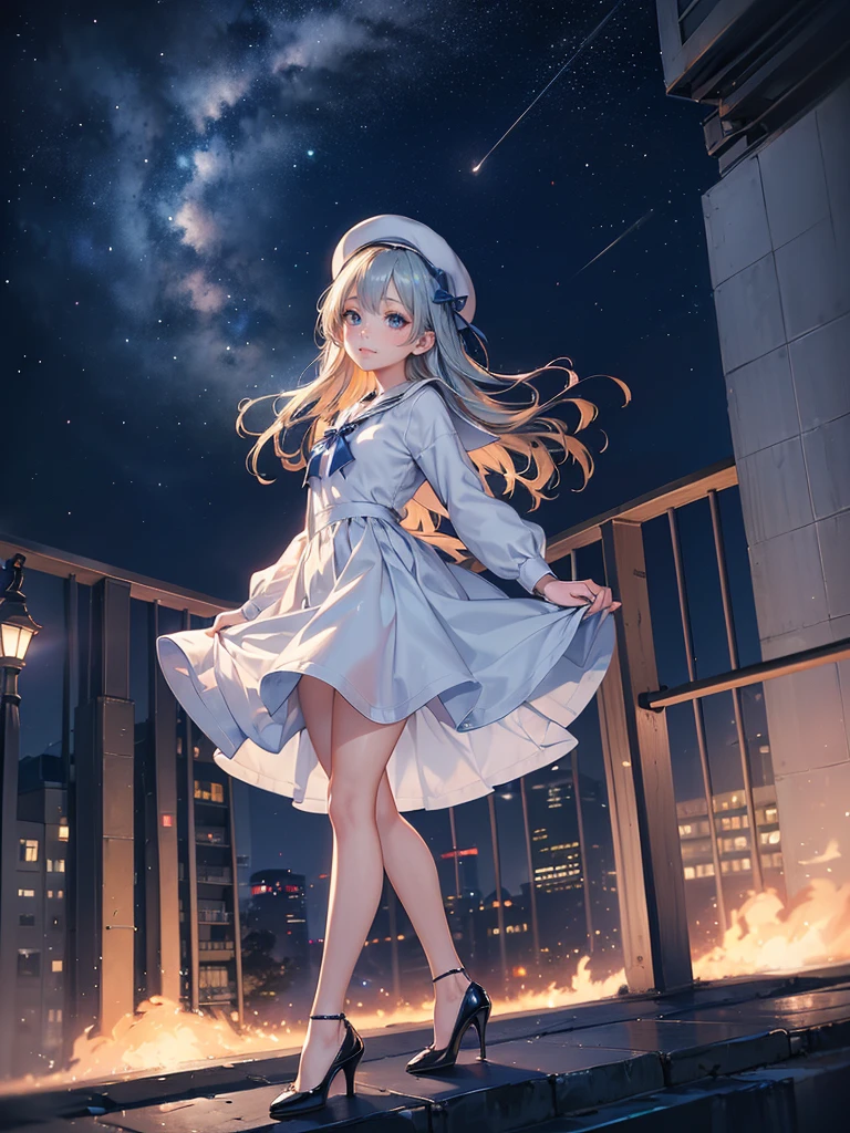 ((Biologically correct limb count)),(( From head to toe,Full-body photo including face)),4K,((Standing position)),masterpiece,((Focus on the face)),((Symmetrical facial features)),Eyes with detailed description,Beautiful woman,Great style,Beautiful arms,Beautiful legs,Beautiful Hands,(Small Ass,Thin thighs),Detailed depiction of the face,Small earrings,necklace,(Will school uniform,dress((High heels))),((Random outdoor night scenes)),(((blue blonde))),Realistic photo,beret,Looking up,Look up