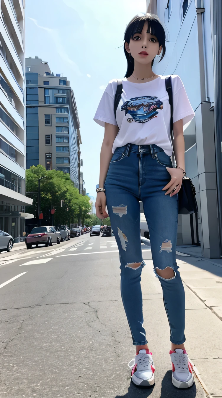 Full body photo、Standing girl, White striped T-shirt, Blue skinny jeans, sneakers、Black Hair, Ear piercing、The background is the building&#39;s corridor.

