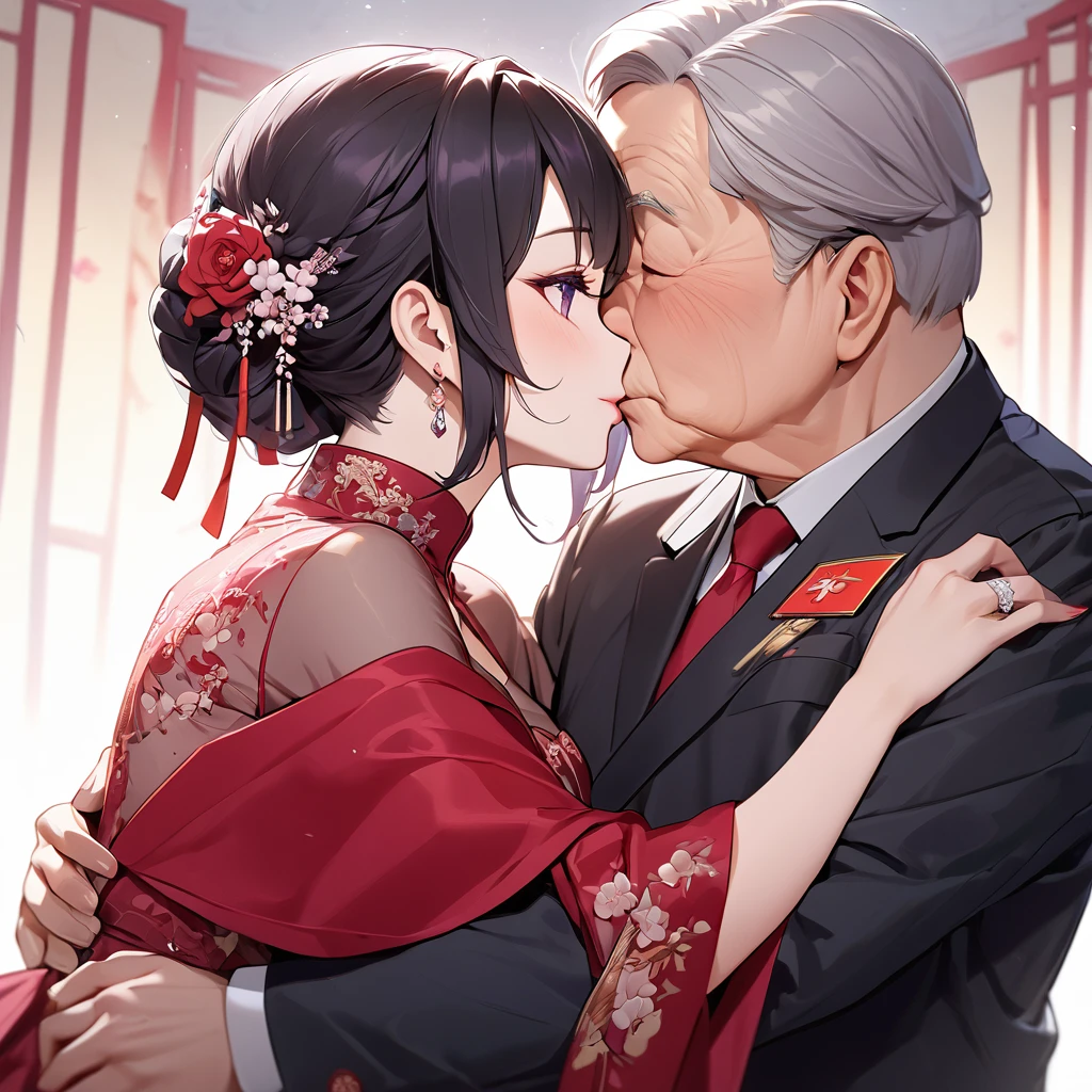 ((Highest quality)), ((masterpiece)), (detailed), （Perfect Face）、The woman is a Chinese woman named Kocho Shinobu.。, Purple gradient bob black hair and formal evening hairstyles. She is wearing an engagement ring. She is a prominent member of the Chinese Communist Party.、She is the wife of a great old Communist Party official.、The woman is wearing a gorgeous red wedding dress that is typical of the Chinese Communist Party.、She is seen hugging and kissing a dignified elderly Communist Party official in a loving wedding ceremony.。