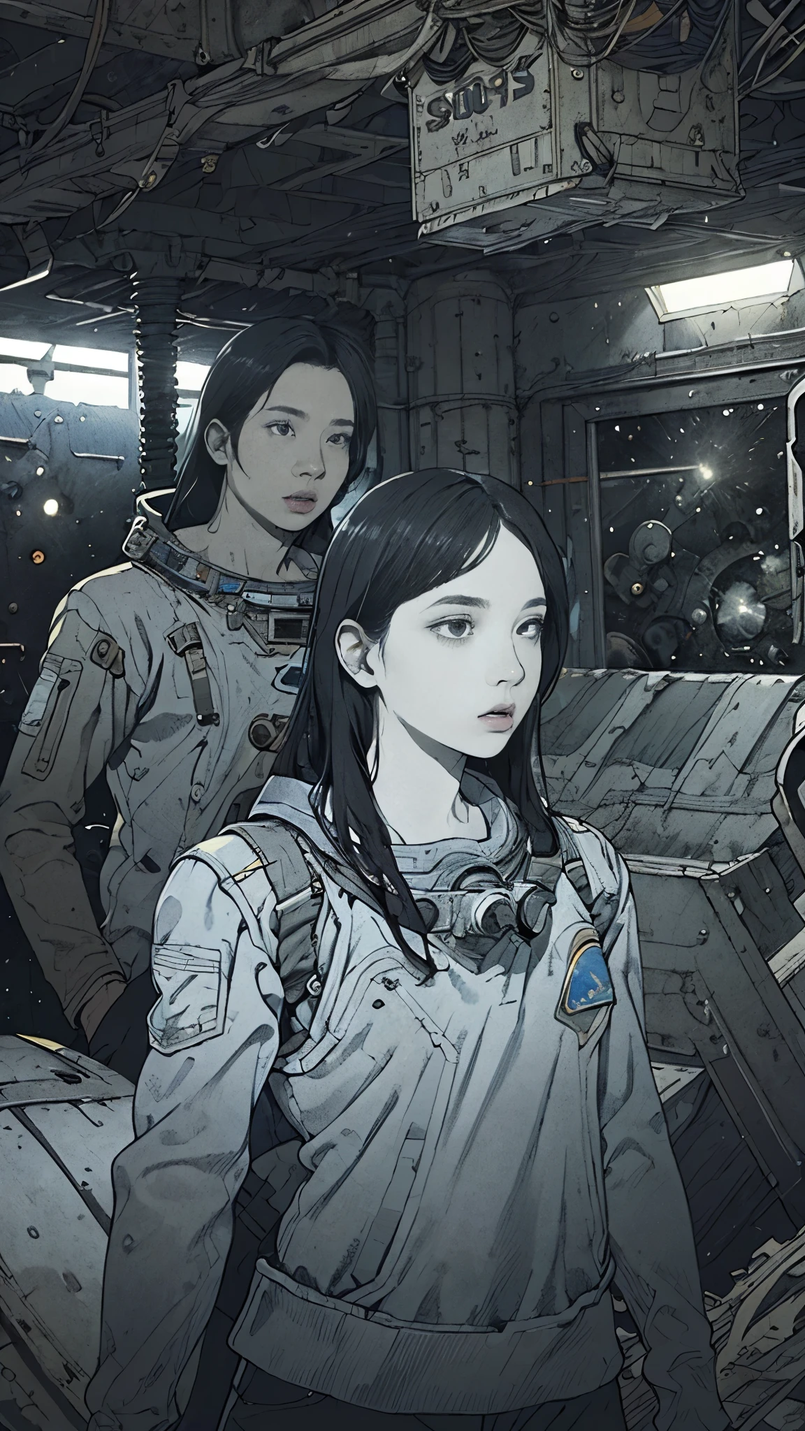 8k、High resolution、Super detailed、masterpiece、Sharp Shadows、One personの女性、24-years-old、Abandoned Space Colony、Astronaut Uniform、Monochrome、Intricate machinery、(Outdated machinery:1.3)、Upper Body、 (One person:1.2)、Moderate bust、Black Hair、Long Hair、masterpiece、1970s。
