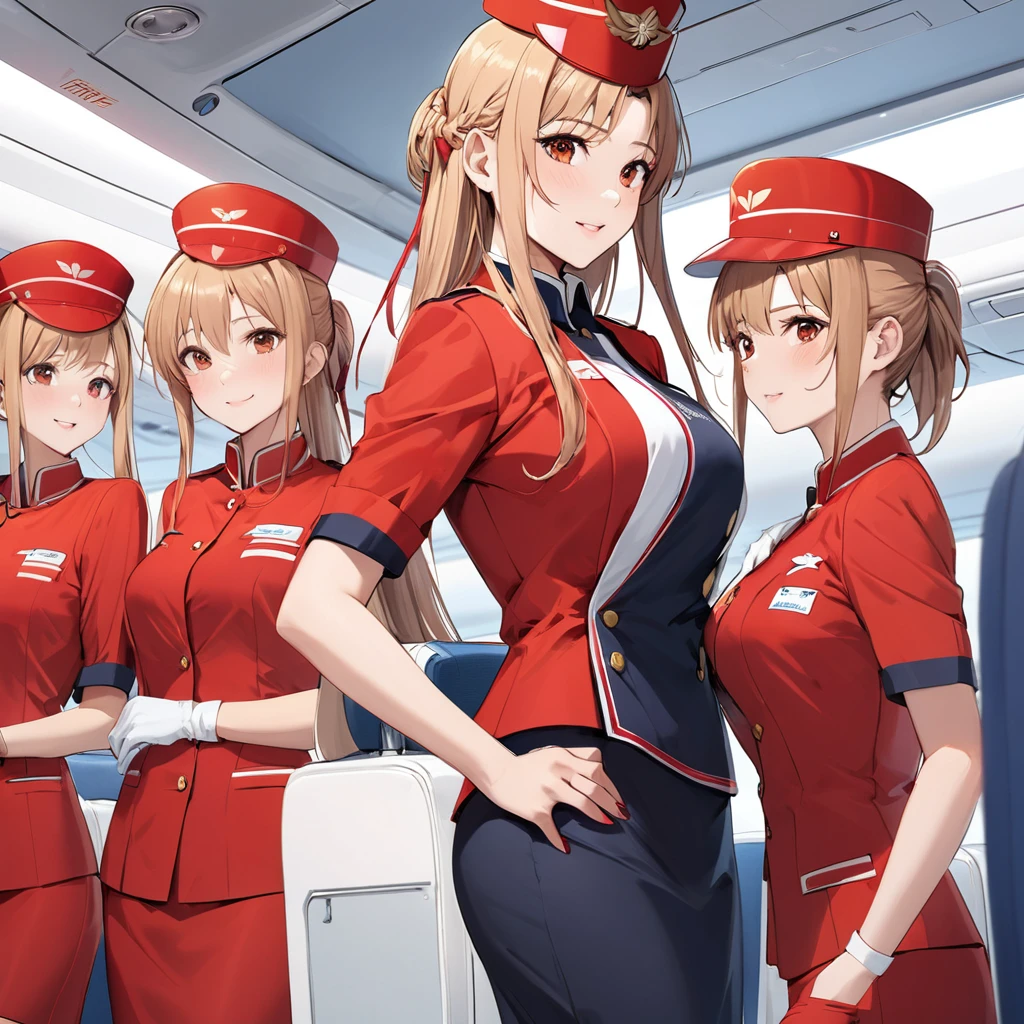 ((Highest quality)), ((masterpiece)), (detailed), (Perfect Face)、The woman is Yuuki Asuna, a flight attendant for Shandong Airlines, a Chinese woman with light brown, medium-long hair.、The woman is wearing a red Shandong Airlines flight attendant uniform, a uniform scarf and a uniform hat.、She is wearing the bright red uniform that is so typical of China.、Flight attendants were photographed gathering in a line.