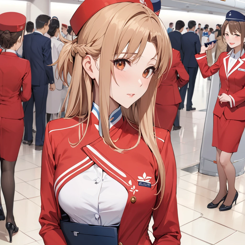 ((Highest quality)), ((masterpiece)), (detailed), （Perfect Face）、The woman is Yuuki Asuna, a flight attendant for Shandong Airlines, a Chinese woman with light brown, medium-long hair.、The woman is wearing a red Shandong Airlines flight attendant uniform, a uniform scarf and a uniform hat.、She is wearing the bright red uniform that is so typical of China.、Flight attendants were photographed gathering in a line.