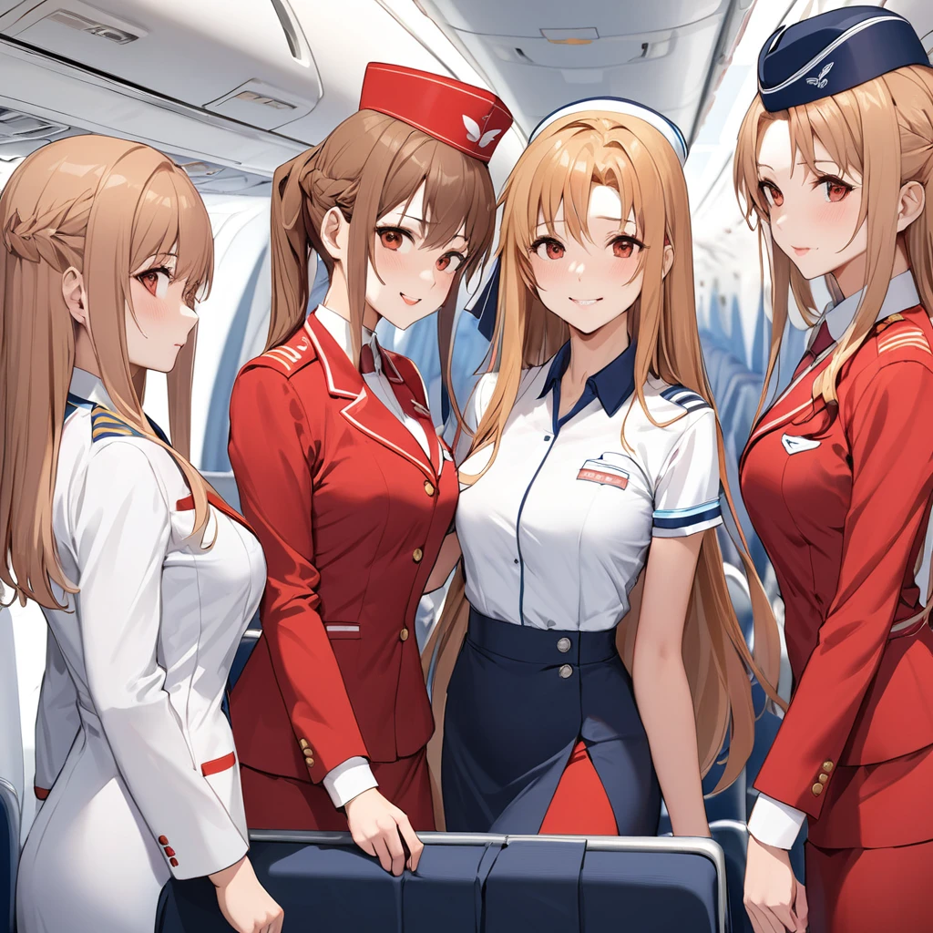 ((Highest quality)), ((masterpiece)), (detailed), (Perfect Face)、The woman is Yuuki Asuna, a flight attendant for Shandong Airlines, a Chinese woman with light brown, medium-long hair.、The woman is wearing a red Shandong Airlines flight attendant uniform, a uniform scarf and a uniform hat.、She is wearing the bright red uniform that is so typical of China.、Flight attendants were photographed gathering in a line.