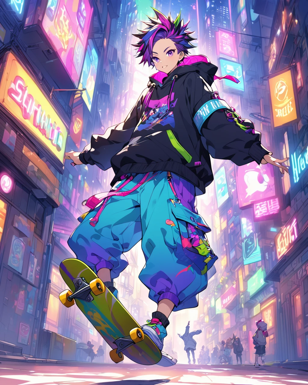 "Create an anime-style illustration of a young boy performing an impressive skateboard trick in a vibrant, neon-lit urban environment. The character should have spiky hair, wearing a stylish outfit that includes a hoodie, baggy pants, and accessories like goggles and arm bands. The skateboard should have a colorful, eye-catching design. The background should feature a cityscape with bright, colorful lights and signs, giving a lively and energetic feel."
