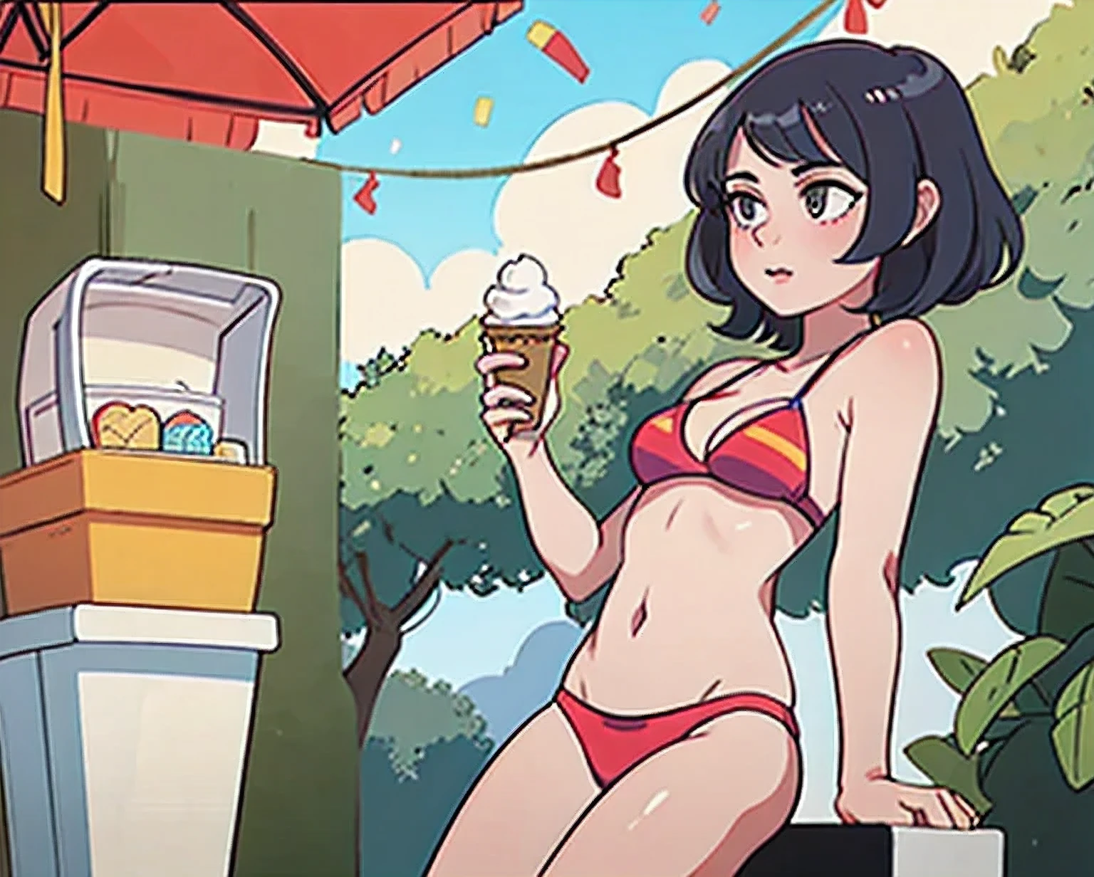 girl in a bikini eating an ice cream cone, eating ice cream, in a bikini, angela white, giorgia meloni, katy perry, in bikini, eating ice - cream, wearing spandex bikini, ice cream on the side, bikini, ice cream, wearing a bikini, candid photo of dirty, shiny plastic bikini, candid shot, cone, 1 girl, solo,in a green dress standing by a wall,portrait of female idol