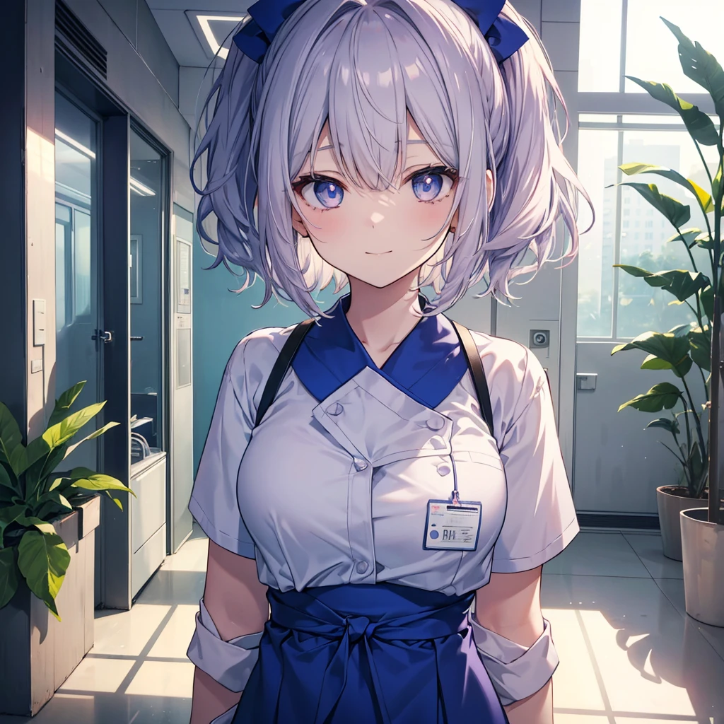 Display to the top of the head.one girl.独奏. It should be a bust-up (from chest up) with high resolution and detailed depiction. Please create an anime-style illustration of a young nurse aide. She has soft, wavy short hair in a silver color with a subtle pink-purple tint. Her eyes are large, expressive, and blue, with a gentle yet serious expression. She is wearing light blue or white scrubs with a name tag. She is standing in a brightly lit hospital corridor, with plants and medical equipment in the background. The lighting is soft, casting gentle shadows to enhance the atmosphere. She is smiling.It's crazy, 