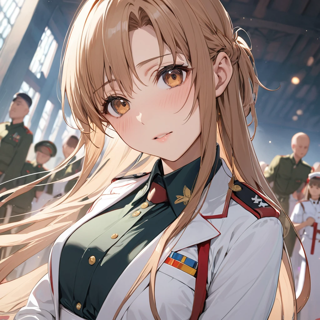 ((Highest quality)), ((masterpiece)), (detailed), (Perfect Face)、The woman is Asuna Yuki, a female member of the Japanese Self-Defense Forces, with light brown, semi-long hair and attending a ceremony.