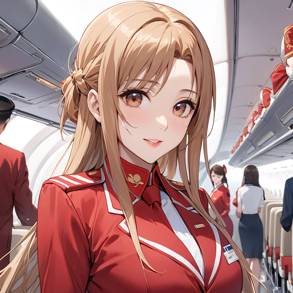 ((Highest quality)), ((masterpiece)), (detailed), (Perfect Face)、The woman is a Chinese flight attendant for Air China, named Yuuki Asuna, with light brown, medium-long hair.、The woman is wearing the red uniform of an Air China flight attendant.、The woman is an honorable special flight attendant reserved for members of the Chinese Communist Party.