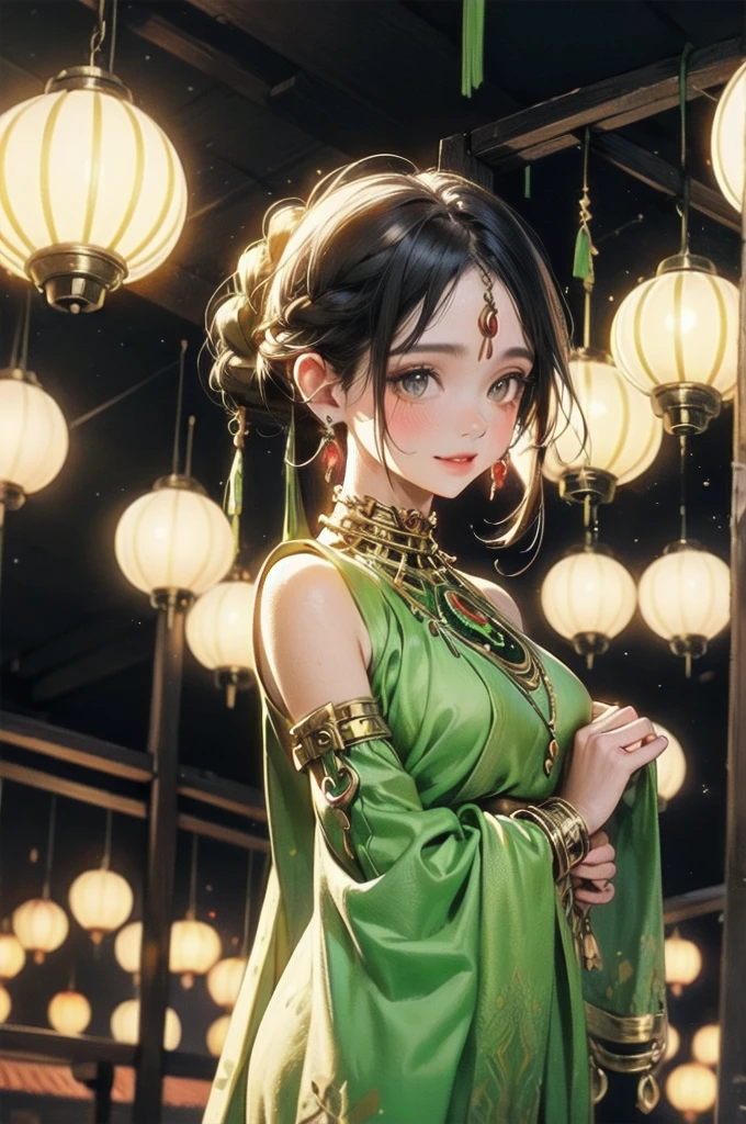 Create an anime-style illustration of a young woman standing in a picturesque outdoor setting. The woman is dressed in a traditional Indian saree that is primarily green with red and gold accents. The saree features intricate patterns and designs, including gold sun-like motifs near the bottom. Her blouse is white with red sleeves, complementing the saree.Her long, dark hair is braided and adorned with subtle accessories, including small blue beads woven into the braid. She wears large, golden earrings and a matching necklace with a circular pendant. Her wrist is adorned with multiple gold bangles, adding to her traditional look.The setting is a charming courtyard with wooden beams and hanging lanterns that emit a warm glow. Plants and greenery surround her, adding a natural, serene atmosphere. The architecture in the background includes a building with a terracotta roof and arched windows, hinting at a traditional Indian or South Asian setting.The overall lighting is soft, with the sunlight casting gentle shadows, enhancing the serene and picturesque ambiance of the scene. The woman's expression is calm and slightly curious, with a hint of a smile, as she gazes towards the viewer.