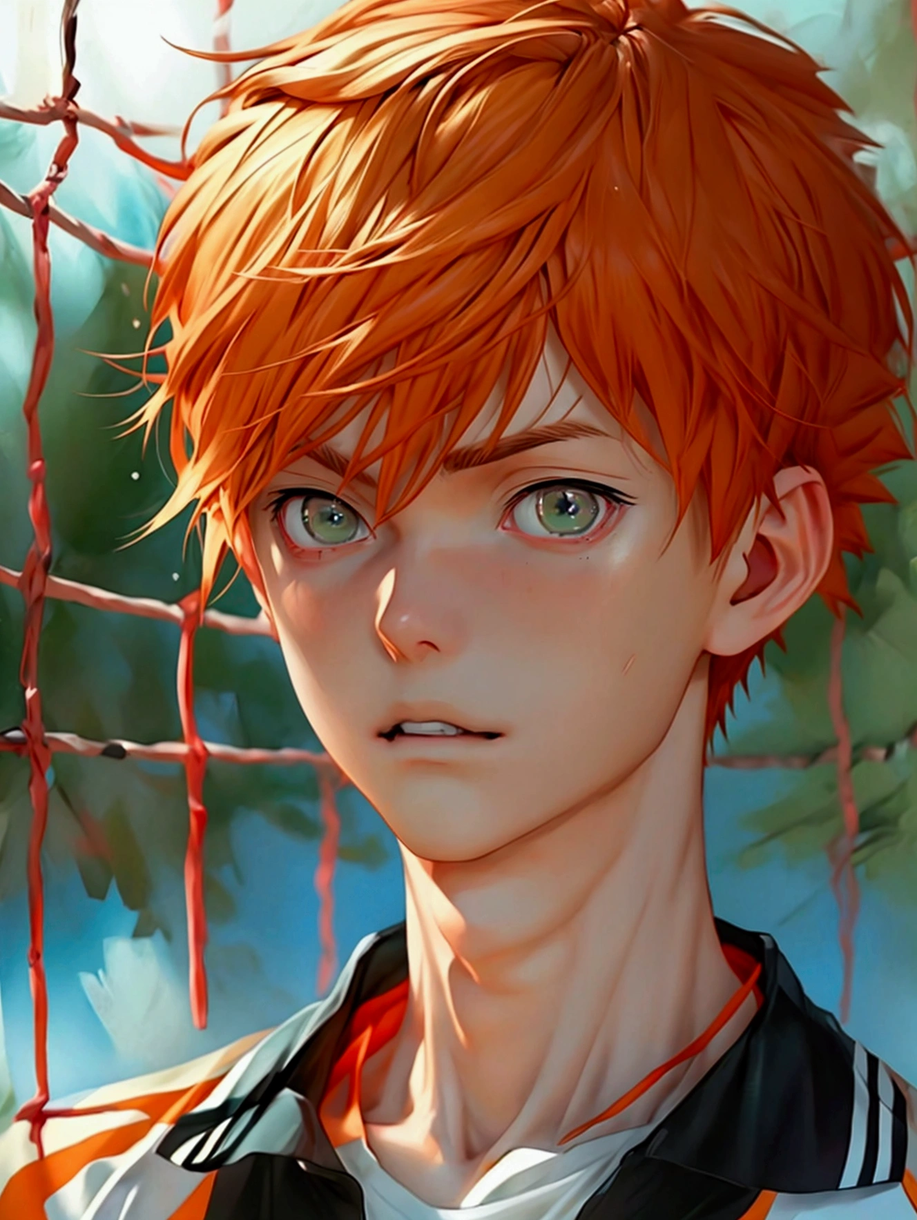 (very realistic, concentrate、High resolution, detailed face, Detailed hair,fine wheat)，official art，8k wallpapegure，((A boy)), Short hair with brown hair with white owchas .、hazel green eyes , serious, fashion clothes，sneakers，whole body，Hands hang naturally, with a serious faceus ,orange hair color, japanese anime style, anime volleyball boy with karasuno uniform a 16 year old boy 