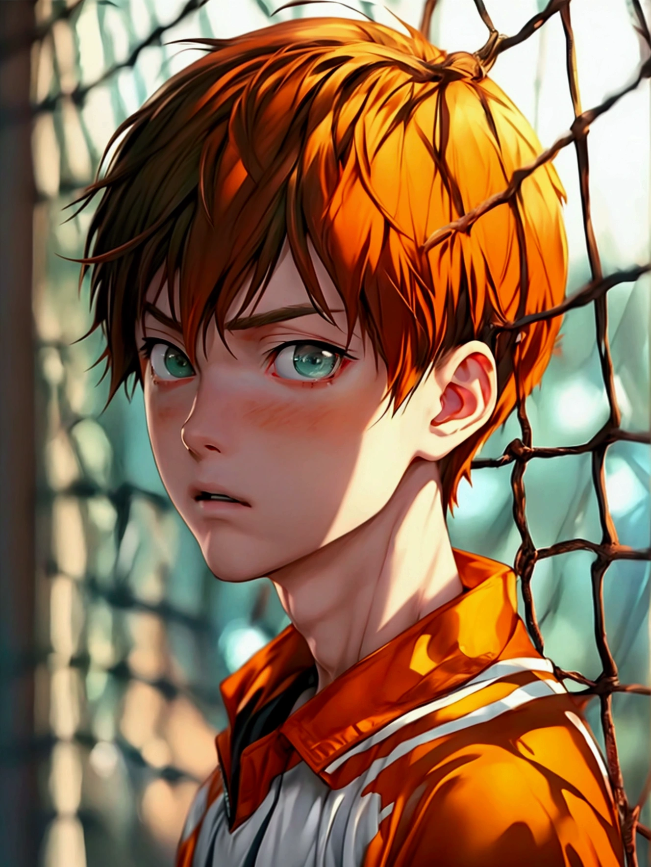 (very realistic, concentrate、High resolution, detailed face, Detailed hair,fine wheat)，official art，8k wallpapegure，((A boy)), Short hair with brown hair with white owchas .、hazel green eyes , serious, fashion clothes，sneakers，whole body，Hands hang naturally, with a serious faceus ,orange hair color, japanese anime style, anime volleyball boy with karasuno uniform a 16 year old boy 