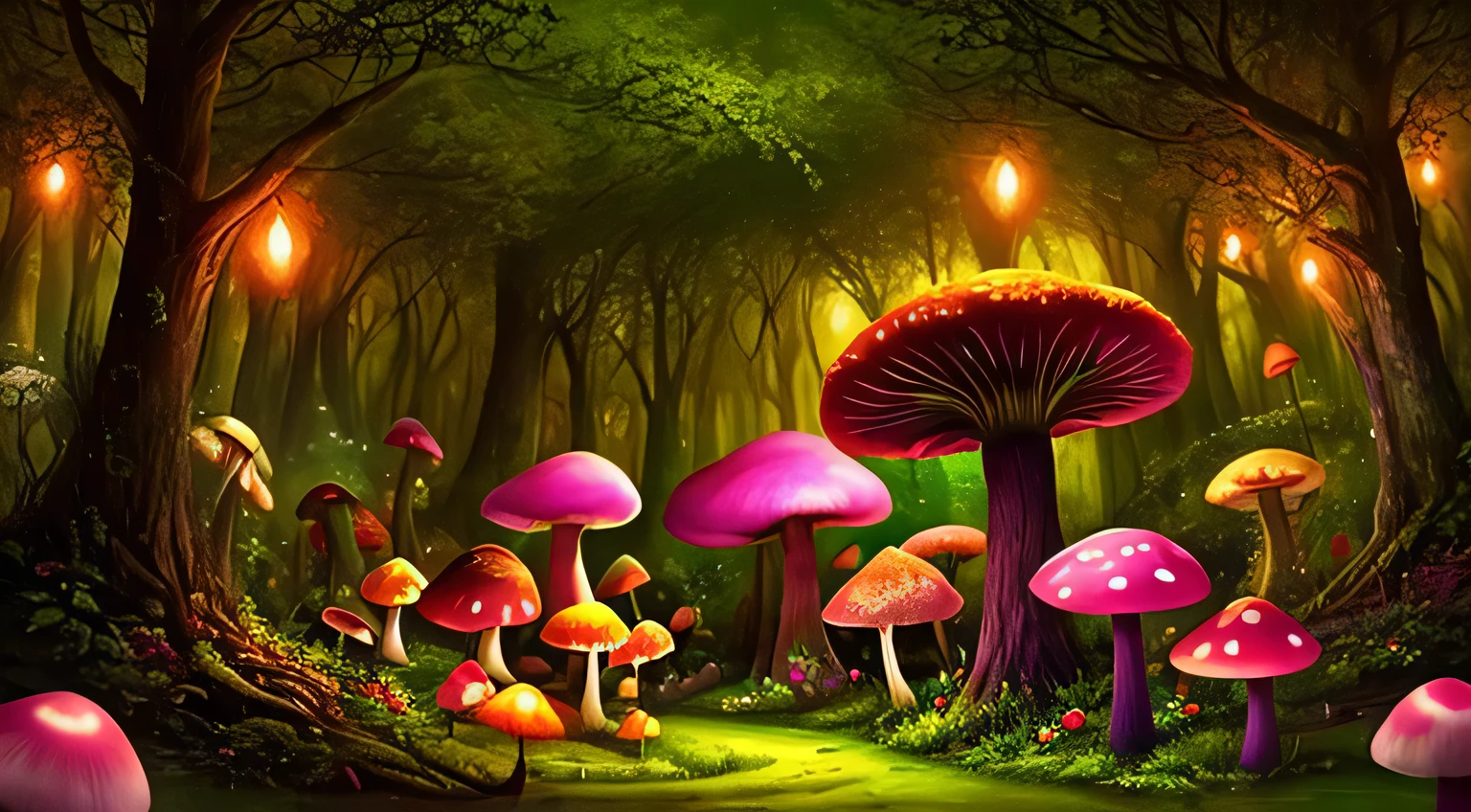 Paint the forest background in Alice in Wonderland., ,Magical atmosphere, Mysterious atmosphere,bright colors, Classic style, Night tone,flower, Twinkling Lights - Monsters,mushroom,realistically