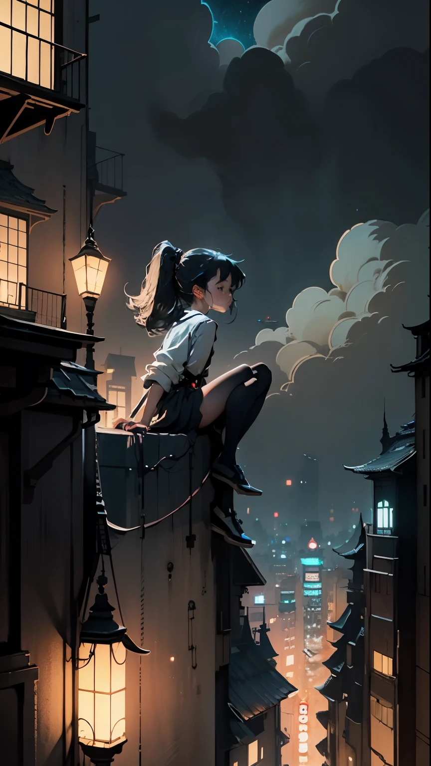 A girl dressed in black sits on the edge of a skyscraper, making: Studio Ghibli, A city scape, detailed illustration, Official Art, In the style of Kawashi, Graceful movement, nocturnal, configuration, HD wallpapers