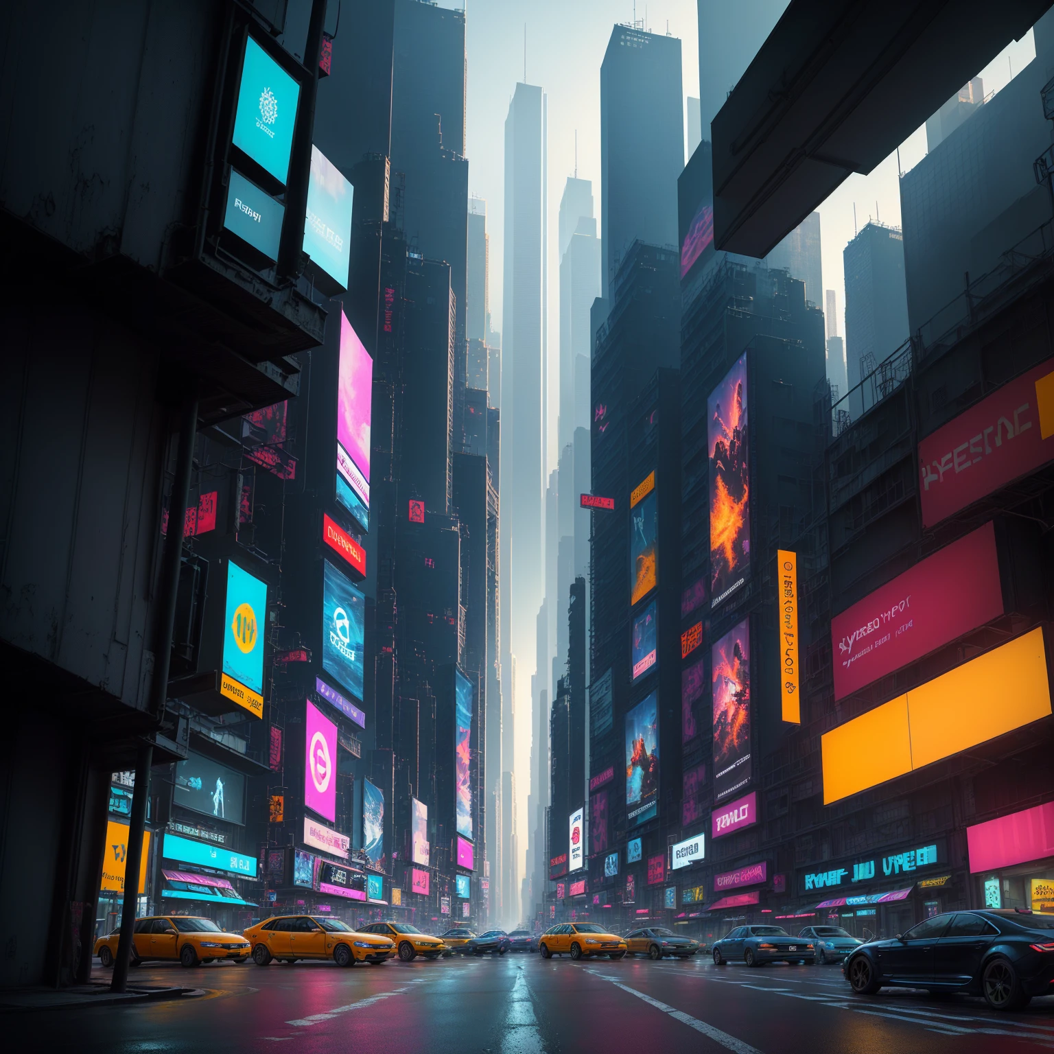 Cars parked on a street in a city with high-rise buildings, Hyperrealistic cyberpunk city, Sci-fi scene future New York, future city streets, cyberpunk city streets, Hyperrealistic cyberpunk style, future street, Cyberpunk Street, Bipple. Surrealism, Rostran. Landscape Background, Post-apocalyptic Times Square, Bipple daily art