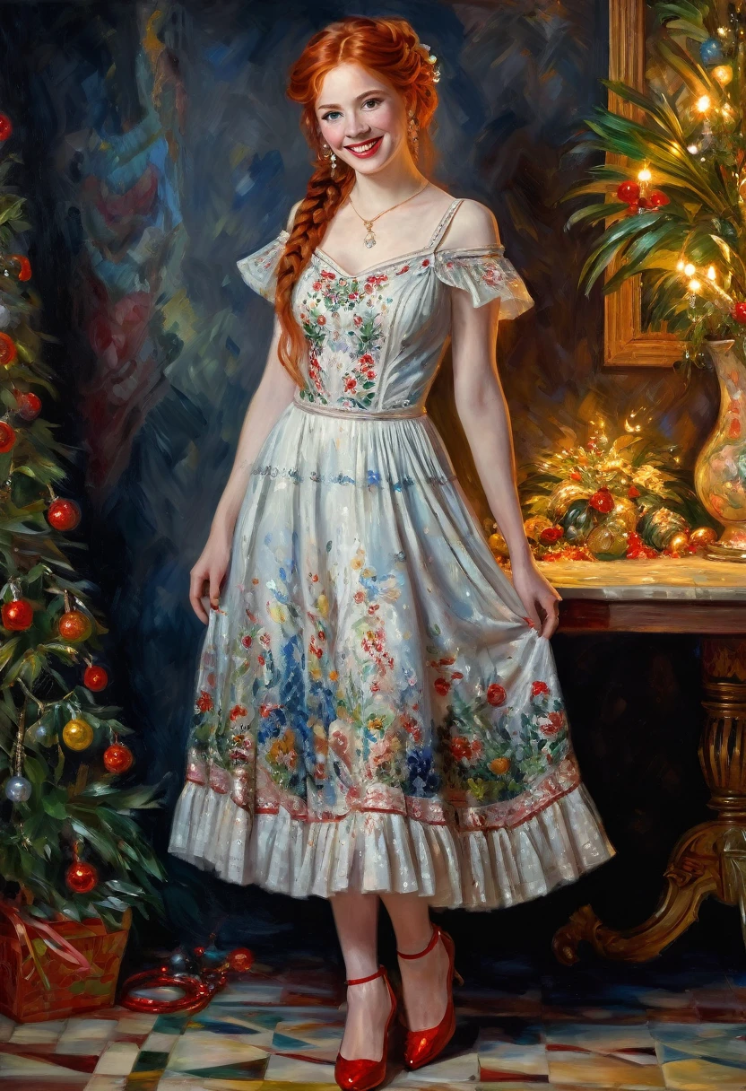 Full body view, of a beautiful red haired lady on New Year's Eve, enigmatic smile, beautiful braided hair, beautiful embroidered dress ankle-length, heeled shoes, impressionist painting, konstantin razumov, pierre-auguste renoir, textured paint, fine art, fantasy art, concept art, hyper detailed, hyperrealism, beautiful, detailed, ethereal, wlop,