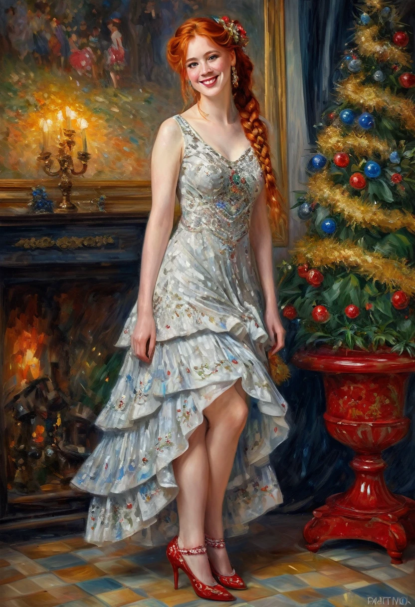Full body view, of a beautiful red haired lady on New Year's Eve, enigmatic smile, beautiful braided hair, beautiful embroidered dress ankle-length, heeled shoes, impressionist painting, konstantin razumov, pierre-auguste renoir, textured paint, fine art, fantasy art, concept art, hyper detailed, hyperrealism, beautiful, detailed, ethereal, wlop,