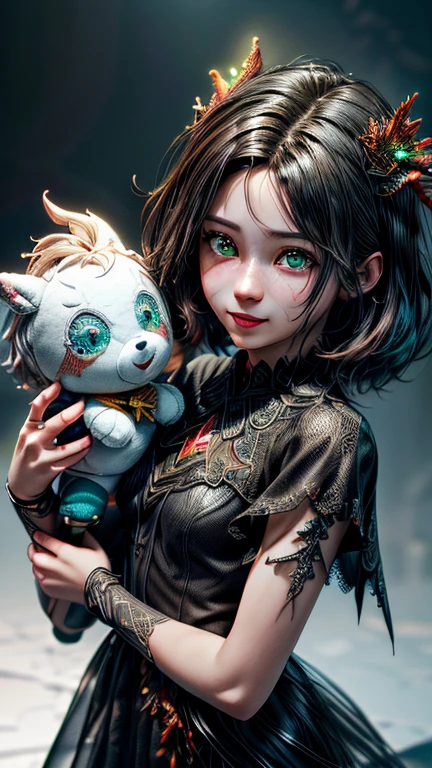 horses. Short, Red hair, green eyes, green pointed hat, witch robe, smile, witch 15 years old, metal frame glasses, hugs a soft toy. (masterpiece, top quality, Best quality, official art, beautiful and aesthetically pleasing:1.2), extremely detailed,(fractal art:1.2),colorful,The most detailed, (dynamic pose), (abstract background:1.5), (Many colors:1.4). ((split. skin texture. elegance. photorealism. unreal engine. 3D model. Ultra high quality textures. high detail. permission 8k))