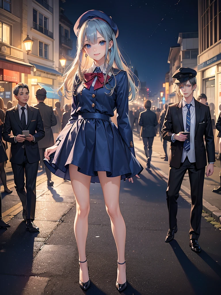 ((Biologically correct limb count)),(( From head to toe,Full-body photo including face)),4K,((Standing position)),masterpiece,((Focus on the face)),((Symmetrical facial features)),Eyes with detailed description,Beautiful woman,Great style,Beautiful arms,Beautiful legs,Beautiful Hands,(Small Ass,Thin thighs),Detailed depiction of the face,Small earrings,necklace,(Will school uniform,dress((High heels))),((Random outdoor night scenes)),(((blue blonde))),Realistic photo,beret,Looking up,Look up,smile