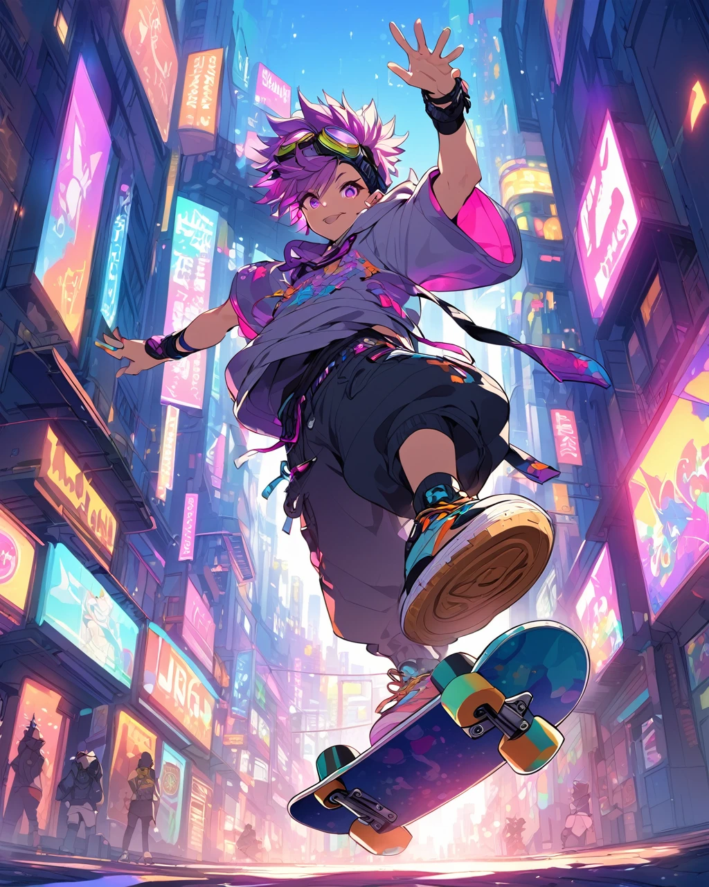 Create an anime-style illustration of a young boy performing an impressive skateboard trick in a vibrant, neon-lit urban environment. The character should have spiky hair, wearing a stylish outfit that includes a hoodie, baggy pants, and accessories like goggles and arm bands. The skateboard should have a colorful, eye-catching design. The background should feature a cityscape with bright, colorful lights and signs, giving a lively and energetic feel