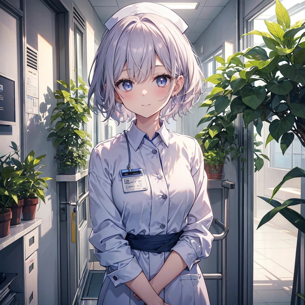 Display to the top of the head.one girl.solo. It should be a bust-up (from chest up) with high resolution and detailed depiction. Please create an anime-style illustration of a young nurse aide. She has soft, wavy short hair in a silver color with a subtle pink-purple tint. Her eyes are large, expressive, and blue, with a gentle yet serious expression. She is wearing light blue or white scrubs with a name tag. She is standing in a brightly lit hospital corridor, with plants and medical equipment in the background. The lighting is soft, casting gentle shadows to enhance the atmosphere. She is smiling.マスク, 