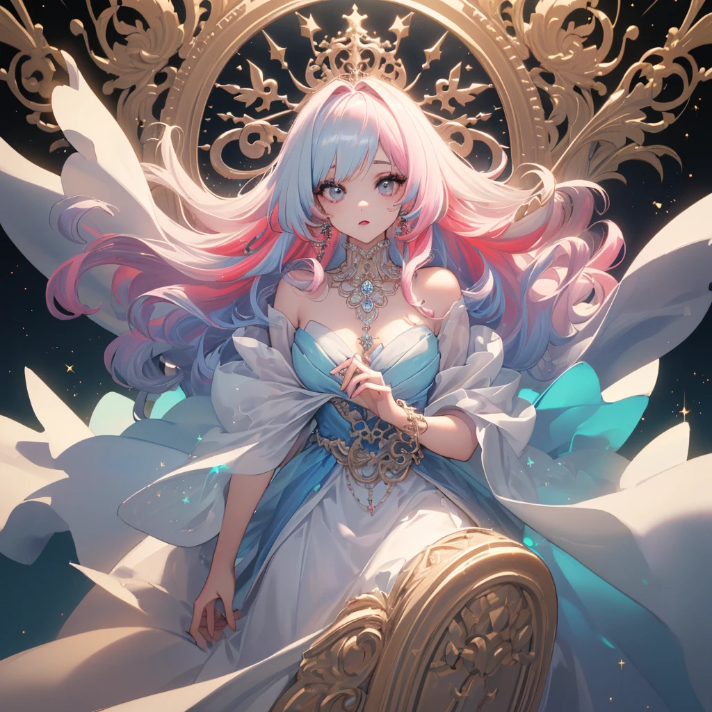 (Best Quality:1.3),4K,8K,8K Portrait,16 K,(masutepiece:1.2),1girl in,Solo,(maximalism:1.5),opal,ultra-detailliert,absurderes,(very detailed beautiful face and eyes:1.3),
(Highly detailed beautiful hair:1.3),delicate composition,(full-length figure:1.5),
Super cute girl,(long curly Hair:1.4), light Pink eyes,light blue  eyes, light purple eyes,(white blonde hair:1.4),(Pink hair:1.2),(Light blue hair:1.4),(,(Jewelry Hair Ornaments:1.3),
(jewelry eyes:1.3),(Eyelashes:1.2),(symbol in eyes:1.3),(hight resolution, Twinkle,Glitter,Lens Flare,light Particle,Shining:1.3),(Cute:1.5),(clear face:1.5),(closer to viewer:1.5)