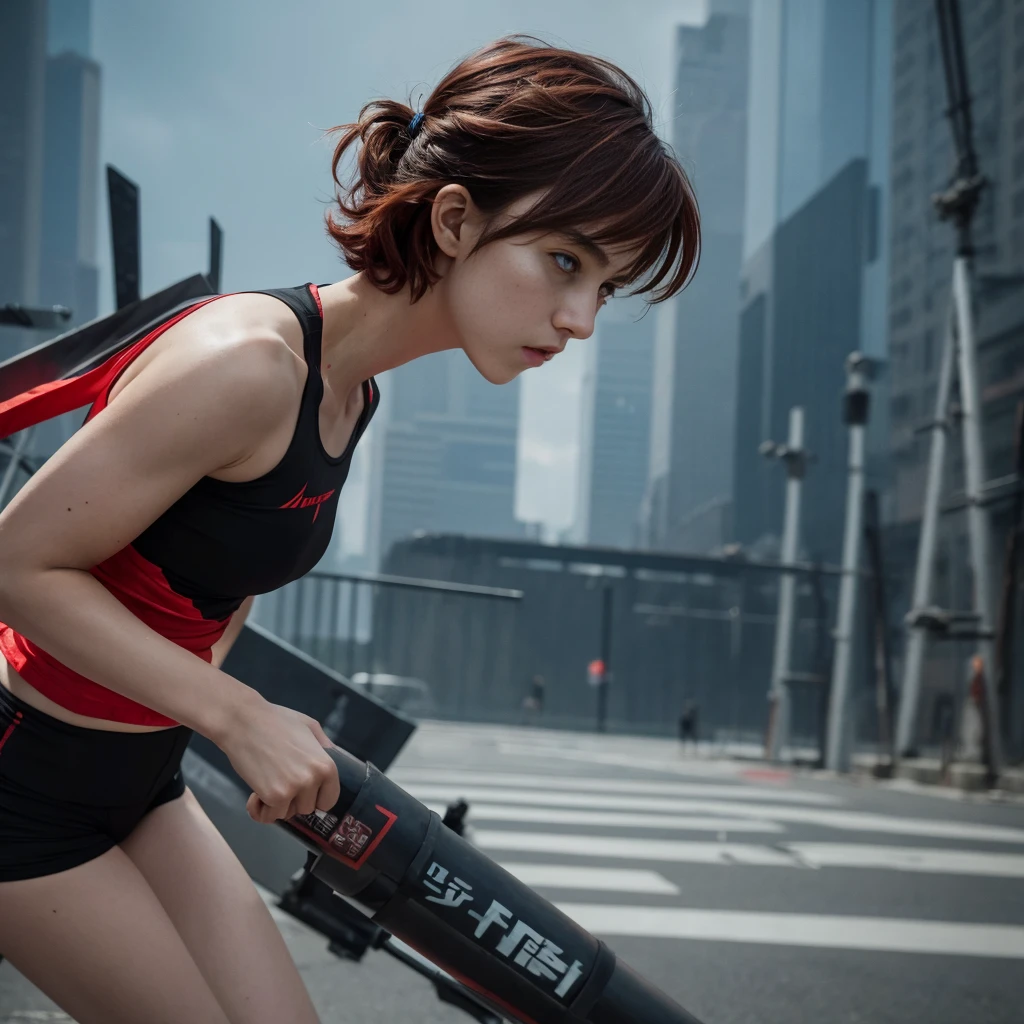 Abstract. Cyberpunk. Full-length photograph. Large gallows in background. Camille Claudel style. Side view sculpture of heroine of marathon runner with short, red hair coming running wearing tank top.