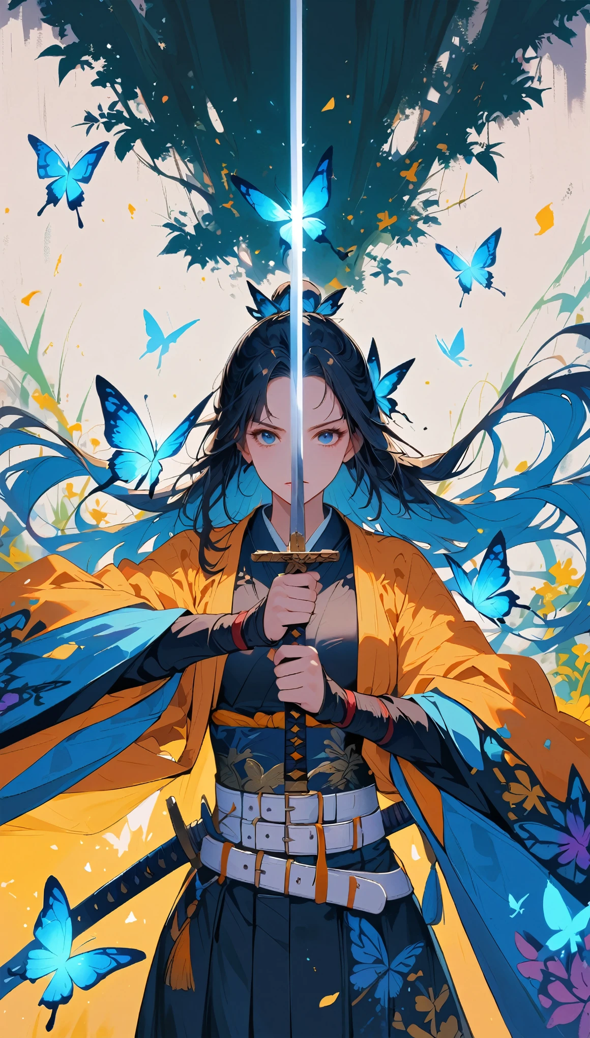 swordsman,1 Girl,animal,animal print,belt,belt Buckle up,Black Hair,blue Butterfly,Buckle up,Vulnerabilities,Butterfly,Butterfly Hair accessories,Butterfly on hand,Butterfly print,forehead,glowing Butterfly,Gradient hair,Hair accessories,Feather,Keep,Keep sword,Keep arms,Japanese clothes,Samurai sword,Section Chief Shinobu,Long hair,Long sleeve,petal,Solitary,sword,arms,white belt,white Butterfly,Wide sleeves,yellow Butterfly,Keep sword with both hands,sword focus