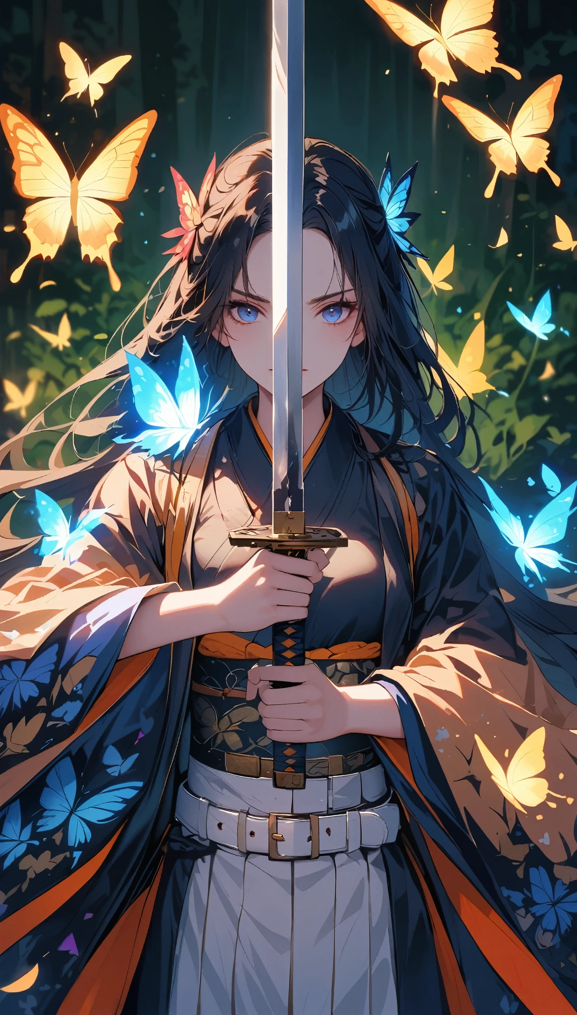 swordsman,1 Girl,animal,animal print,belt,belt Buckle up,Black Hair,blue Butterfly,Buckle up,Vulnerabilities,Butterfly,Butterfly Hair accessories,Butterfly on hand,Butterfly print,forehead,glowing Butterfly,Gradient hair,Hair accessories,Feather,Keep,Keep sword,Keep arms,Japanese clothes,Samurai sword,Section Chief Shinobu,Long hair,Long sleeve,petal,Solitary,sword,arms,white belt,white Butterfly,Wide sleeves,yellow Butterfly,Keep sword with both hands,sword focus