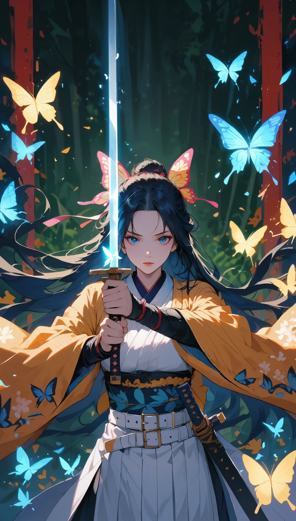 swordsman,1 Girl,animal,animal print,belt,belt Buckle up,Black Hair,blue Butterfly,Buckle up,Vulnerabilities,Butterfly,Butterfly Hair accessories,Butterfly on hand,Butterfly print,forehead,glowing Butterfly,Gradient hair,Hair accessories,Feather,Keep,Keep sword,Keep arms,Japanese clothes,Samurai sword,Section Chief Shinobu,Long hair,Long sleeve,petal,Solitary,sword,arms,white belt,white Butterfly,Wide sleeves,yellow Butterfly,Keep sword with both hands,sword focus