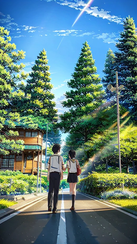 masterpiece,best quality,miyamizu mitsuha, 1girl, 1boy, sky, school uniform, outdoors, ribbon, cloud, skirt, diffraction spikes, hair ribbon, grass, black hair, road, bag, socks, short hair, short sleeves, shirt, red ribbon, white shirt, star (sky), necktie, tree, scenery, building, shoes, black skirt, standing, from behind, kneehighs, pleated skirt, brown hair, ground vehicle, pants, shooting star, school bag