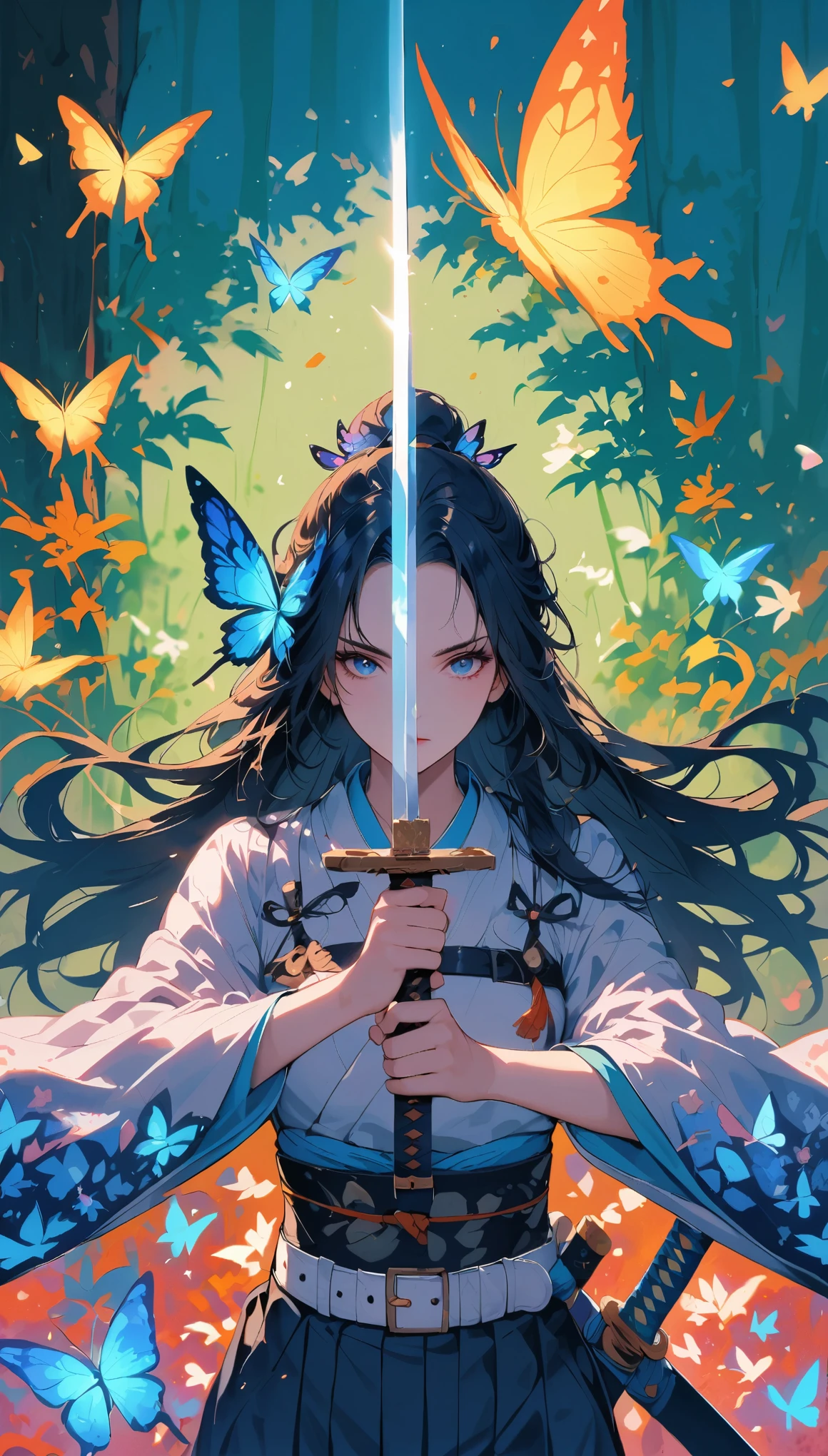 swordsman,1 Girl,animal,animal print,belt,belt Buckle up,Black Hair,blue Butterfly,Buckle up,Vulnerabilities,Butterfly,Butterfly Hair accessories,Butterfly on hand,Butterfly print,forehead,glowing Butterfly,Gradient hair,Hair accessories,Feather,Keep,Keep sword,Keep arms,Japanese clothes,Samurai sword,Section Chief Shinobu,Long hair,Long sleeve,petal,Solitary,sword,arms,white belt,white Butterfly,Wide sleeves,yellow Butterfly,Keep sword with both hands,sword focus