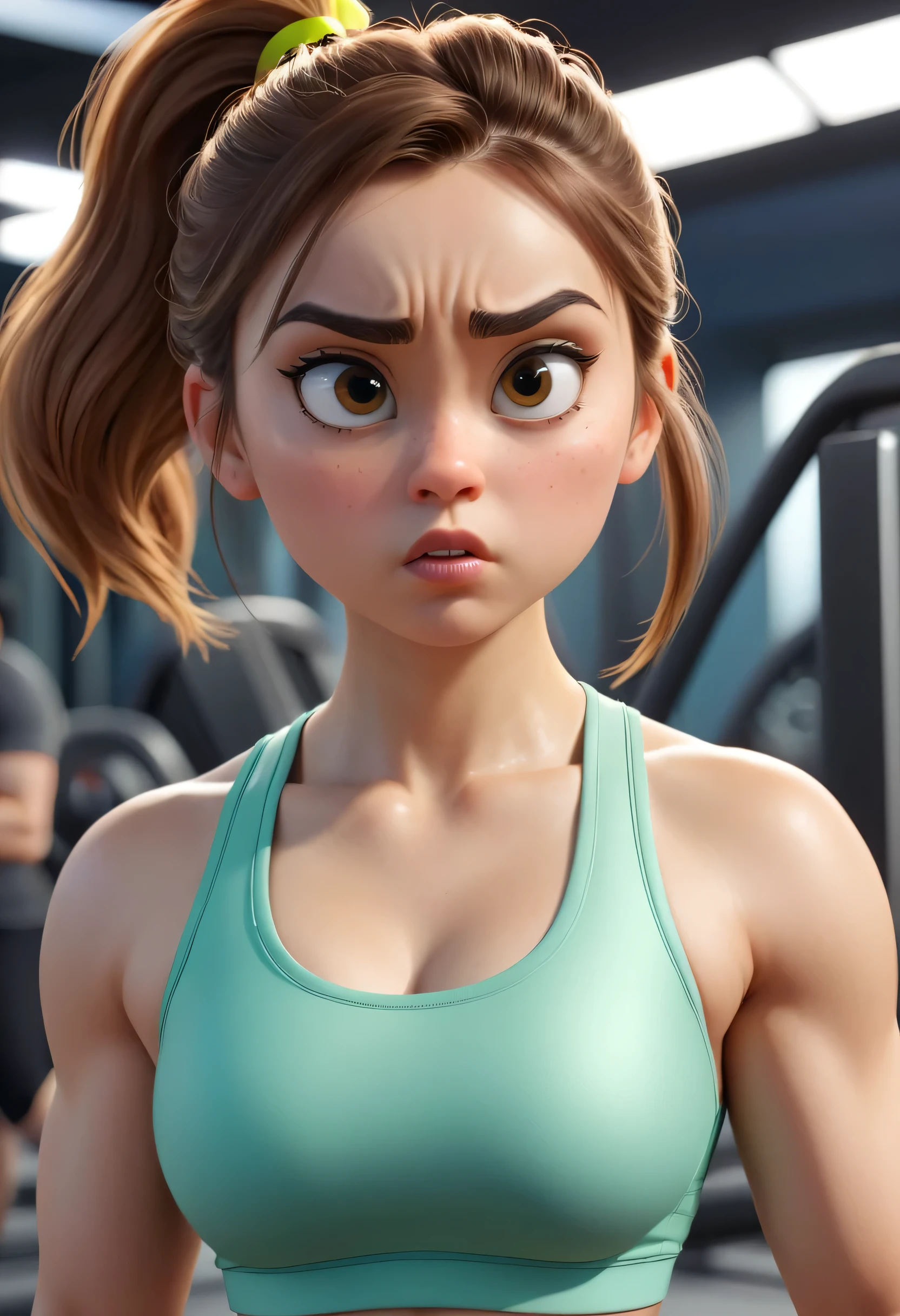 Girl wearing a crop top gym outfit looking to her phone her face so serious in expression. Close up. High quality Pixar hyper realistic image. 4k