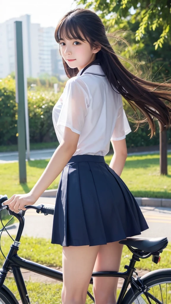 beautiful girl、high school girl、uniform、mini skirt、See-through、Fluttering in the wind、cycling