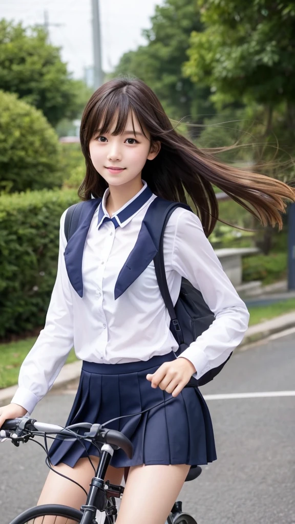 beautiful girl、high school girl、uniform、mini skirt、See-through、Fluttering in the wind、cycling