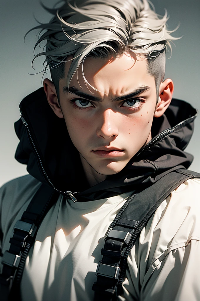 [[[[[1 man]]]]] [[[[boy]]]]ultra closeup, Only the upper body is visible, portrait, 1 man, boy, Japanese samurai concept, Wearing techwear clothes, wandering warrior, Ninja, looks bad-tempered, Looks unlucky, looking cocky, gray hair