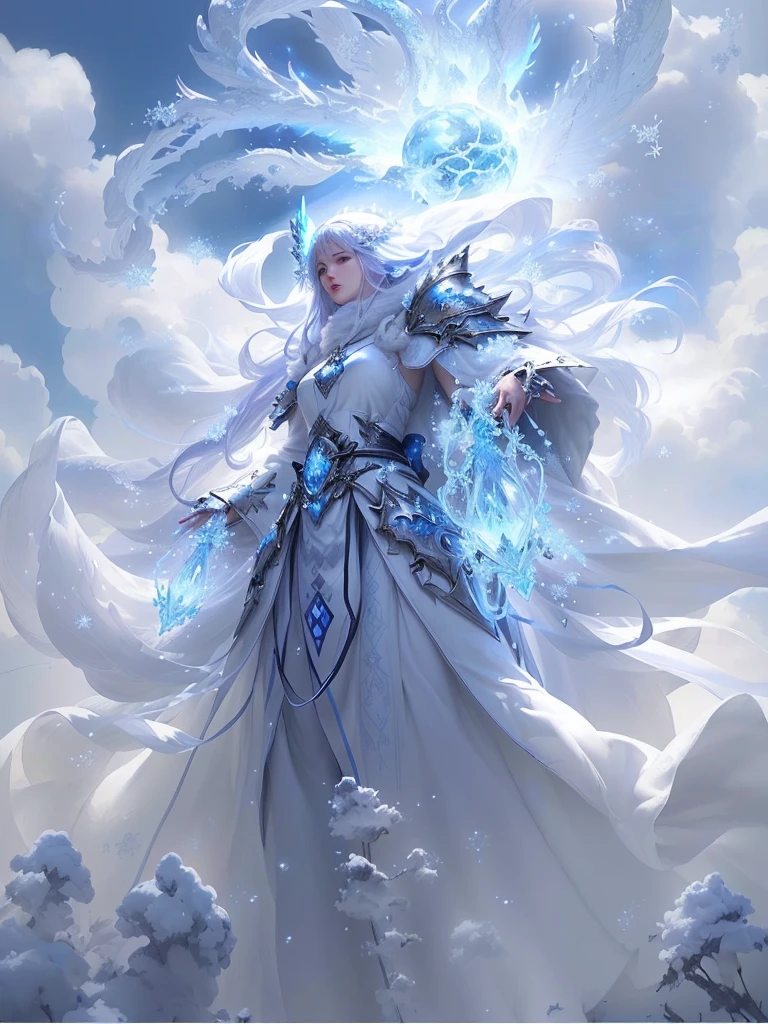 There was a woman wearing a white dress，With blue lights, flowing white robe, cotton cloud mage robes, Ethereal fantasy, cloud mage robes, Wearing Ether Armor, god of winter, Detailed fantasy art, High quality fantasy art, highly Detailed fantasy art, of Ethereal fantasy, author：Yang J, Astral Ether, Anime fantasy illustration