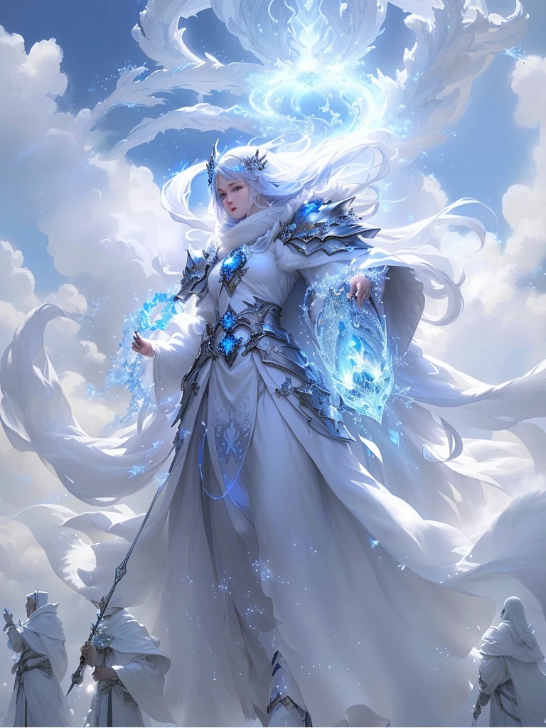 There was a woman wearing a white dress,With blue lights, flowing white robe, cotton cloud mage robes, Ethereal fantasy, cloud mage robes, Wearing Ether Armor, god of winter, Detailed fantasy art, High quality fantasy art, highly Detailed fantasy art, of Ethereal fantasy, author:Yang J, Astral Ether, Anime fantasy illustration