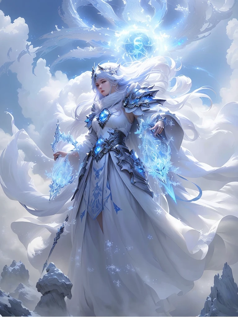 There was a woman wearing a white dress,With blue lights, flowing white robe, cotton cloud mage robes, Ethereal fantasy, cloud mage robes, Wearing Ether Armor, god of winter, Detailed fantasy art, High quality fantasy art, highly Detailed fantasy art, of Ethereal fantasy, author:Yang J, Astral Ether, Anime fantasy illustration