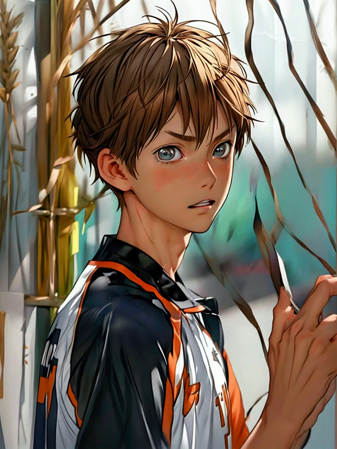 (very realistic, concentrate、High resolution, detailed face, Detailed hair,fine wheat)，official art，8k wallpapegure，((A boy)), Short hair with brown hair with white highlights .、hazel green eyes , expression early, fashion clothes，sneakers，whole body，Hands hang naturally, with a serious face ,brown hair color with white highlights , japanese anime style, anime volleyball boy with karasuno uniform a 16 year old boy 