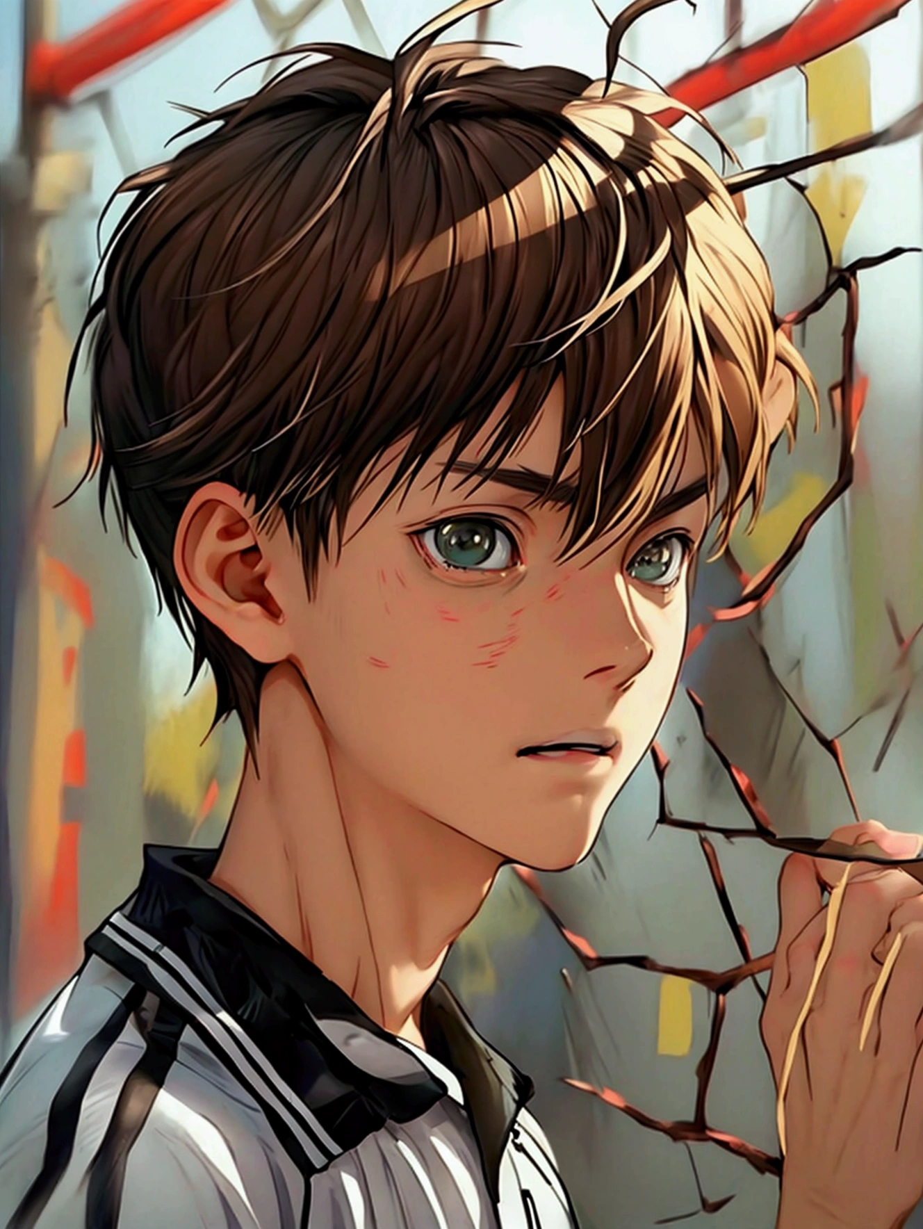 (very realistic, concentrate、High resolution, detailed face, Detailed hair,fine wheat),official art,8k wallpapegure,((A boy)), Short hair with brown hair with white highlights .、hazel green eyes , expression early, fashion clothes,sneakers,whole body,Hands hang naturally, with a serious face ,brown hair color with white highlights , japanese anime style, anime volleyball boy with karasuno uniform a 16 year old boy