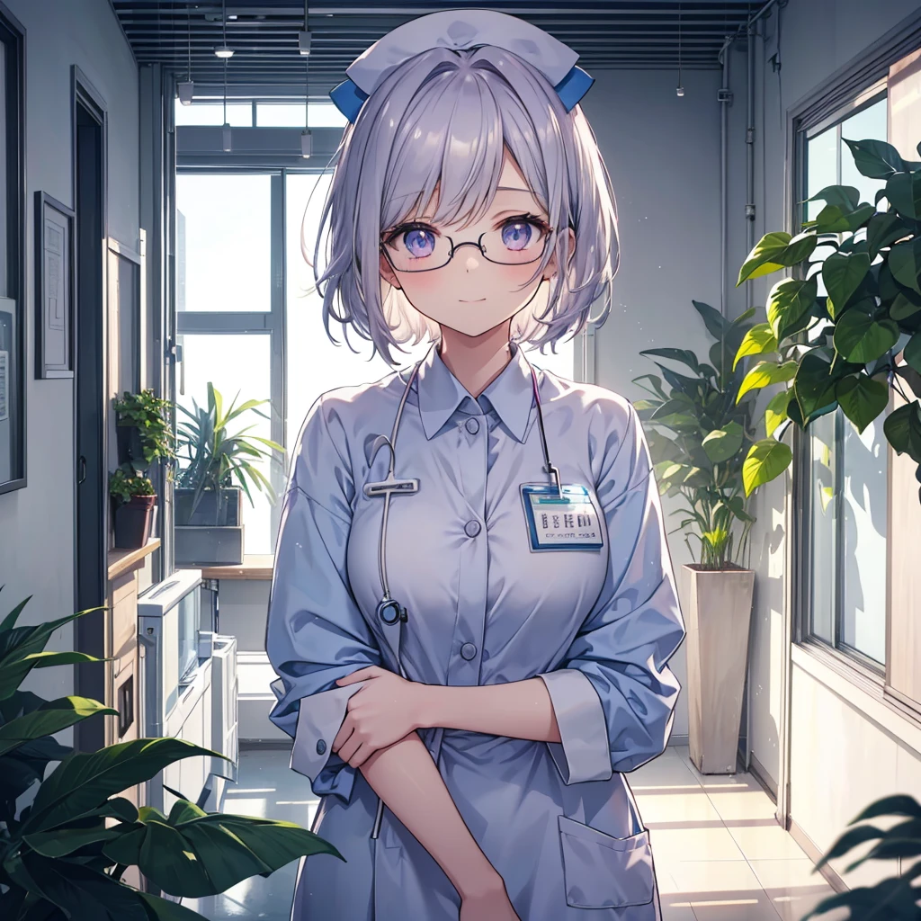 Display to the top of the head.one girl.独奏. It should be a bust-up (from chest up) with high resolution and detailed depiction. Please create an anime-style illustration of a young nurse aide. She has soft, wavy short hair in a silver color with a subtle pink-purple tint. Her eyes are large, expressive, and blue, with a gentle yet serious expression. She is wearing light blue or white scrubs with a name tag. She is standing in a brightly lit hospital corridor, with plants and medical equipment in the background. The lighting is soft, casting gentle shadows to enhance the atmosphere. She is smiling.Wear glasses, 