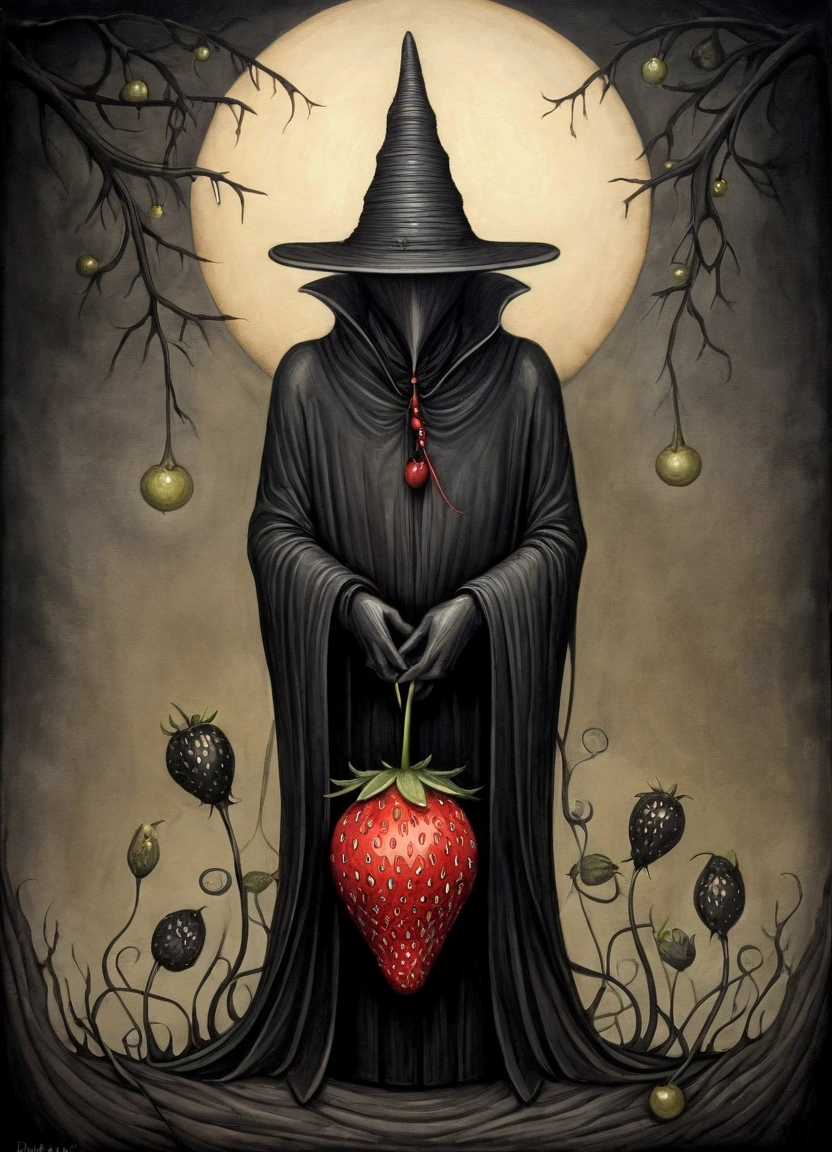 ((Inspired by John Kenn Mortensen)), Fusion of oil painting and watercolor, Artwork depicting a black strawberry, Cool, Total darkness, A ray of light, And various shades and gradients, best quality, Ridiculous, Extremely detailed, Textured Matte，