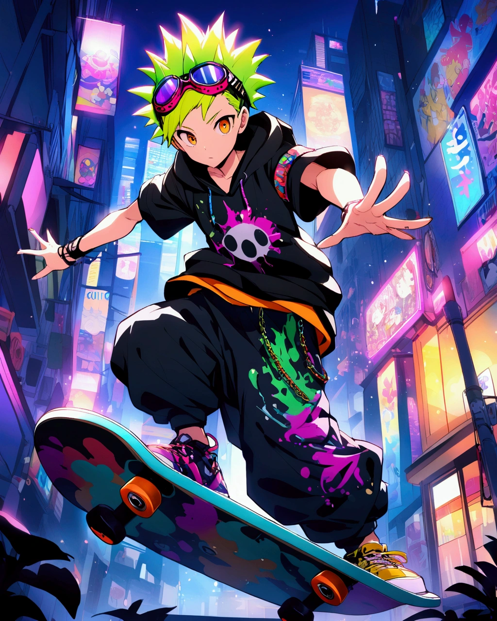 Create an anime-style illustration of a young boy performing an impressive skateboard trick in a vibrant, neon-lit urban environment. The character should have spiky hair, wearing a stylish outfit that includes a hoodie, baggy pants, and accessories like goggles and arm bands. The skateboard should have a colorful, eye-catching design. The background should feature a cityscape with bright, colorful lights and signs, giving a lively and energetic feel