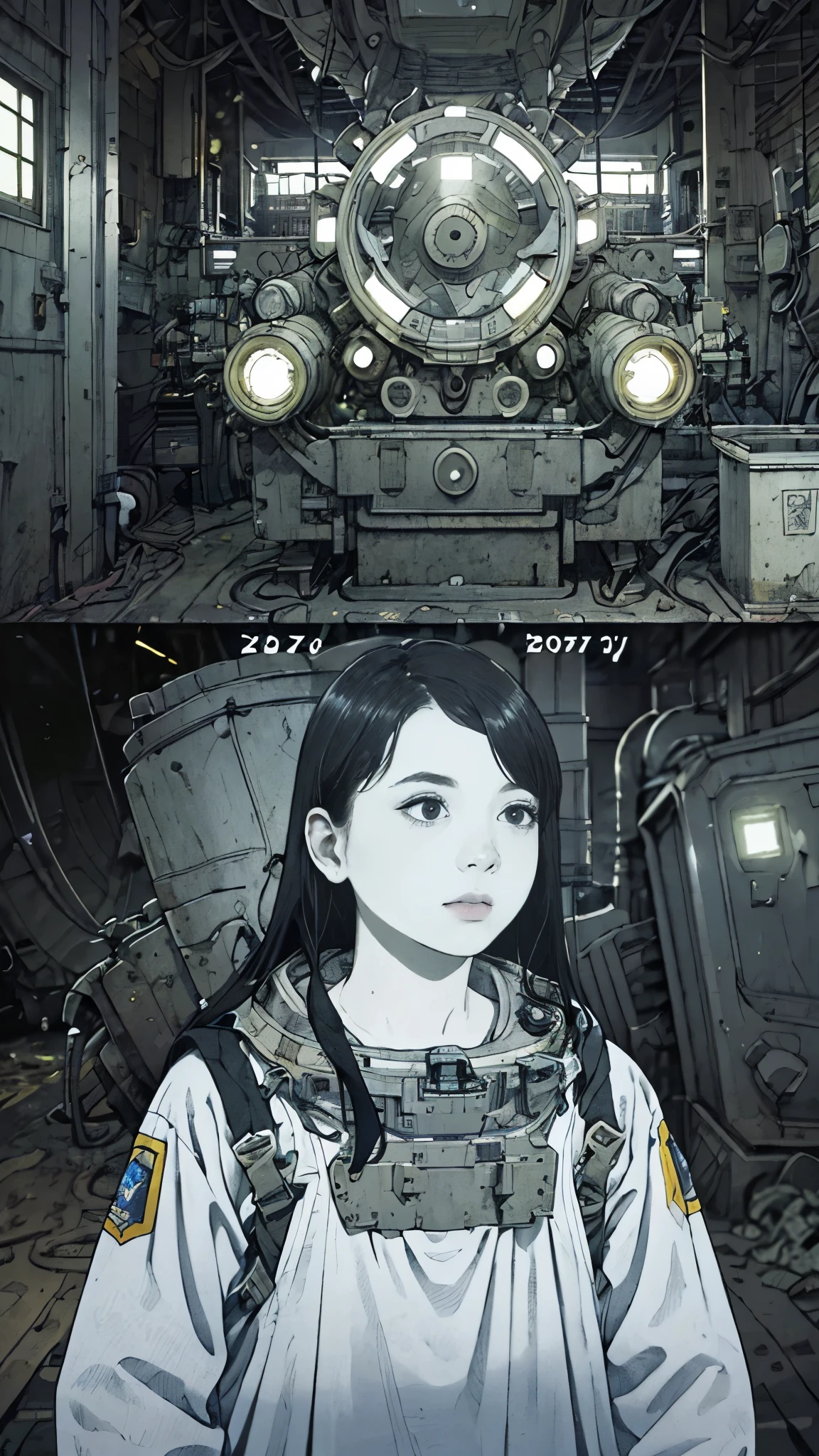 8k、High resolution、Super detailed、masterpiece、Sharp Shadows、One personの女性、24-years-old、Power Loader、Astronaut Uniform、Monochrome、Intricate machinery、(Outdated machinery:1.3)、Upper Body、 (One person:1.2)、Moderate bust、Black Hair、Long Hair、masterpiece、1970s。