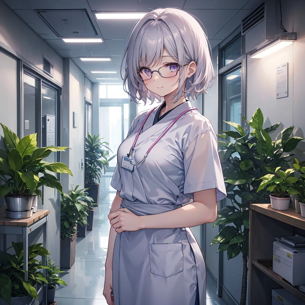Display to the top of the head.one girl.独奏. It should be a bust-up (from chest up) with high resolution and detailed depiction. Please create an anime-style illustration of a young nurse aide. She has soft, wavy short hair in a silver color with a subtle pink-purple tint. Her eyes are large, expressive, and blue, with a gentle yet serious expression. She is wearing light blue or white scrubs with a name tag. She is standing in a brightly lit hospital corridor, with plants and medical equipment in the background. The lighting is soft, casting gentle shadows to enhance the atmosphere. She is smiling.Wear glasses,