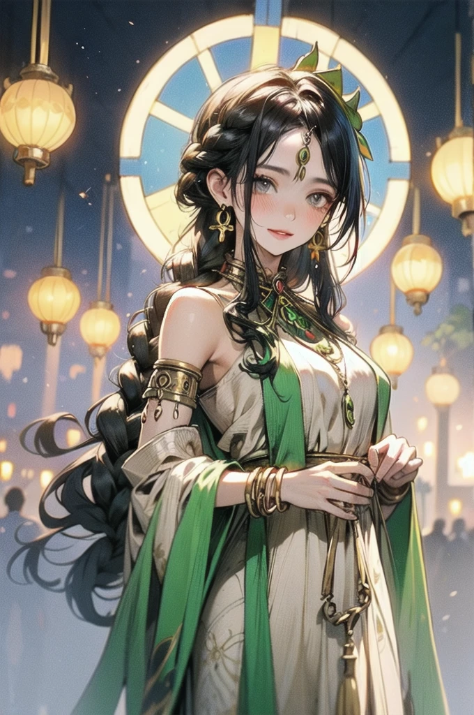 Create an anime-style illustration of a young woman standing in a picturesque outdoor setting. The woman is dressed in a traditional Indian saree that is primarily green with red and gold accents. The saree features intricate patterns and designs, including gold sun-like motifs near the bottom. Her blouse is white with red sleeves, complementing the saree.Her long, dark hair is braided and adorned with subtle accessories, including small blue beads woven into the braid. She wears large, golden earrings and a matching necklace with a circular pendant. Her wrist is adorned with multiple gold bangles, adding to her traditional look.The setting is a charming courtyard with wooden beams and hanging lanterns that emit a warm glow. Plants and greenery surround her, adding a natural, serene atmosphere. The architecture in the background includes a building with a terracotta roof and arched windows, hinting at a traditional Indian or South Asian setting.The overall lighting is soft, with the sunlight casting gentle shadows, enhancing the serene and picturesque ambiance of the scene. The woman's expression is calm and slightly curious, with a hint of a smile, as she gazes towards the viewer.