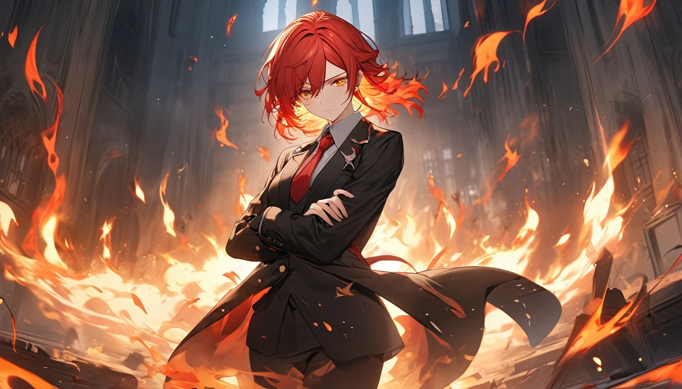 **172. One person。Dramatic confrontation scene。girl。Cowboy shot or close-up。masterpiece, best quality, ultra detailed (Detailed fingers), (Emotional), (main part: 1.2 Whole body。), (Anime Style), (Very detailed), (超High resolution, High resolution), (8k), (High resolution: 1.2), (Complex and beautiful: 1.2)**
- background: Burning Ruins、Flames soar。
- girl: A delicately drawn black executive coat、Golden eyes and red hair。
-pose: Standing in the flames、He has his arms crossed and a cold look on his face.。
-expression: A cold and dispassionate look、His eyes are fixed on the enemy。
- Effects: The flames engulfed her、Shadows sway。
-color: The red and black flames create a dramatic contrast。
