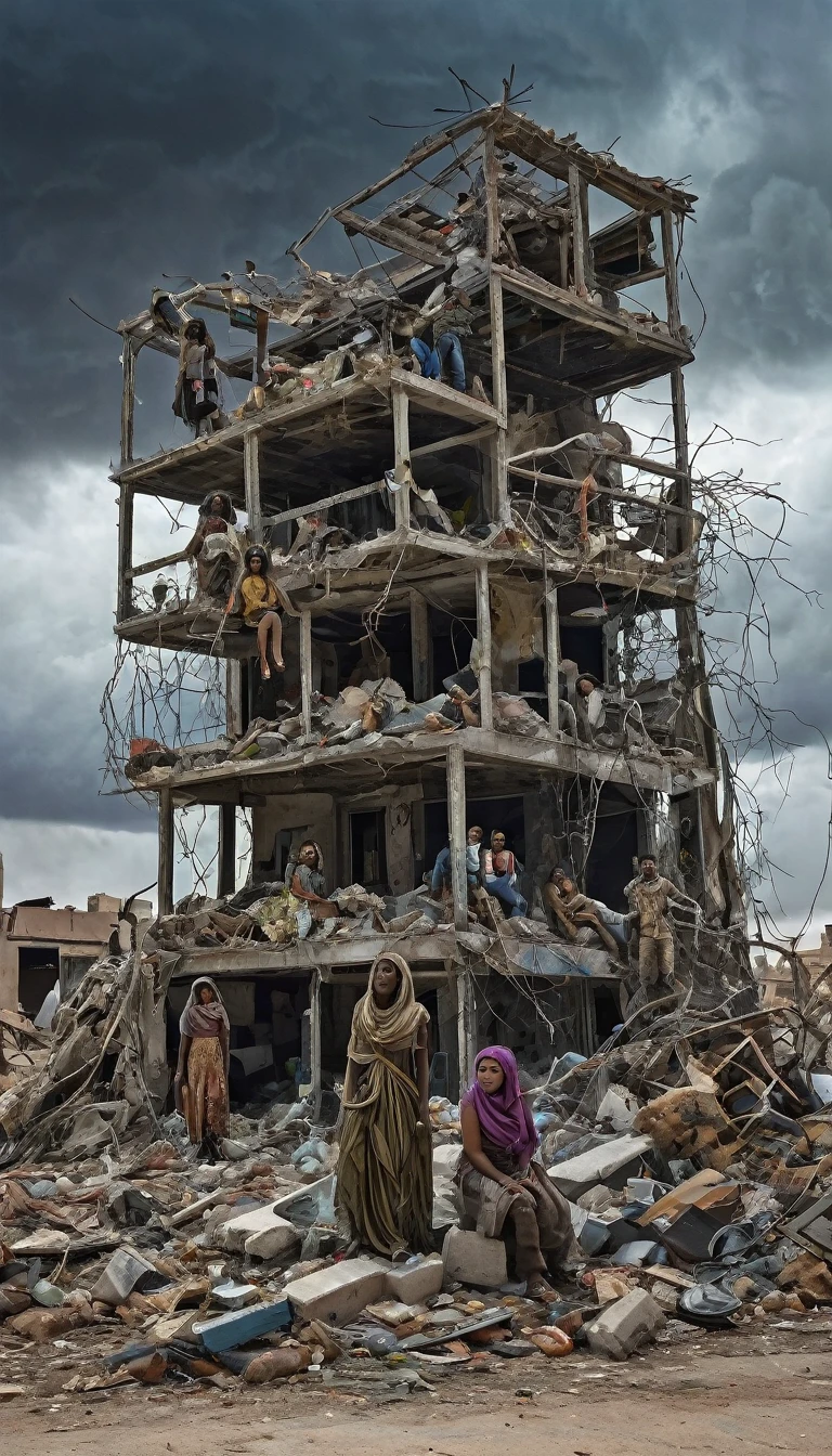 A horrific dead sculpture crafted from recycled waste in a ruined post-apocalyptic setting, featuring a Middle-Eastern men, a Black girls, a Caucasian women, and a Hispanic boys, their expressions filled with awe, debris scattered around, a threatening storm brewing in the background, muted colors accentuating the despair of the deadly environment.
