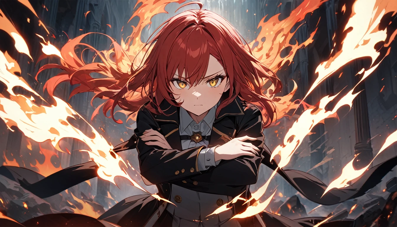 **172. One person。Dramatic confrontation scene。girl。Cowboy shot or close-up。masterpiece, best quality, ultra detailed (Detailed fingers), (Emotional), (main part: 1.2 Whole body。), (Anime Style), (Very detailed), (超High resolution, High resolution), (8k), (High resolution: 1.2), (Complex and beautiful: 1.2)**
- background: Burning Ruins、Flames soar。
- girl: A delicately drawn black executive coat、Golden eyes and red hair。
-pose: Standing in the flames、He has his arms crossed and a cold look on his face.。
-expression: A cold and dispassionate look、His eyes are fixed on the enemy。
- Effects: The flames engulfed her、Shadows sway。
-color: The red and black flames create a dramatic contrast。