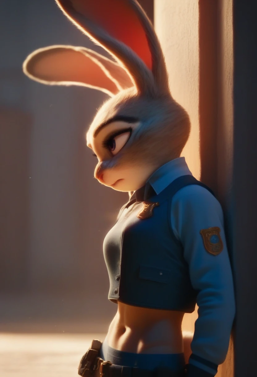 sideview of an attractive Judy hoops with rock hard abs, a bare midriff, and a bare navel wearing a crop top long sleeve police uniform with vest, digital artwork, rabbit, anthro style, digital artwork 